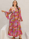 Plus Size Printed V-Neck Long Sleeve Maxi Dress 