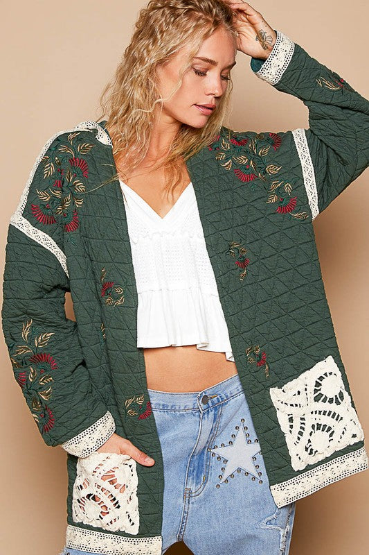 POL Embroidered Open Front Quilted Jacket with Crochet Pockets 