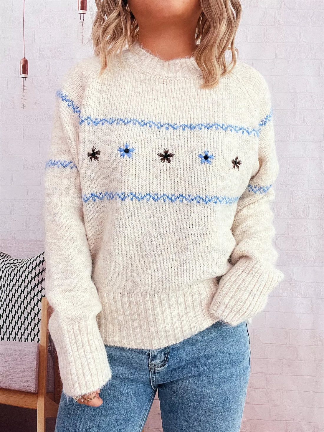 Ribbed Hem Flower Long Sleeve Sweater 