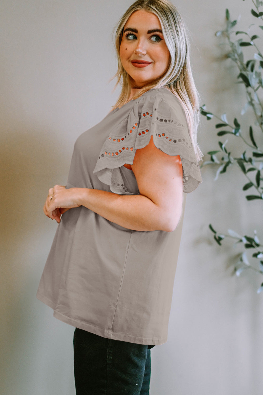 Plus Size Eyelet Round Neck Short Sleeve Blouse 