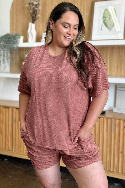 Double Take Full Size Round Neck Short Sleeve T-Shirt and Shorts Set 