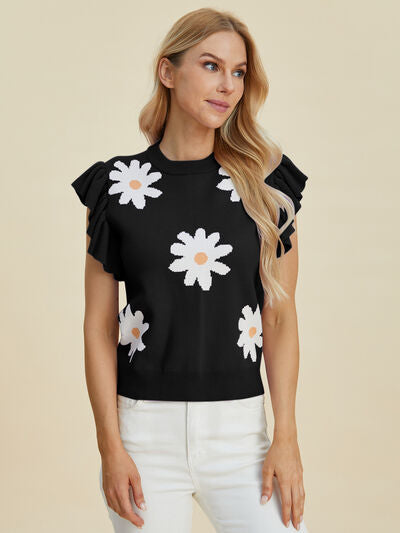 Double Take Full Size Ruffled Flower Round Neck Cap Sleeve Sweater 