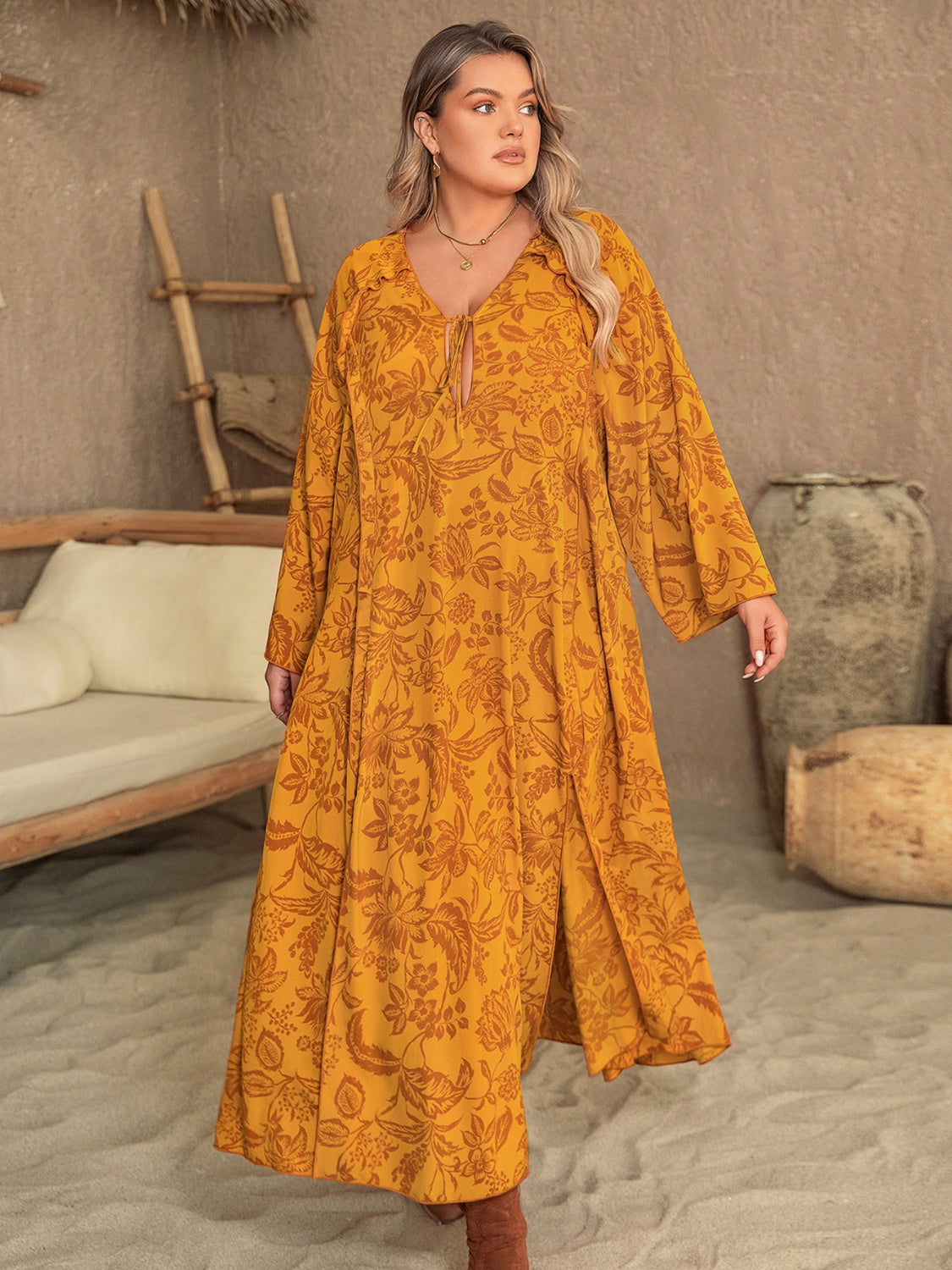 Plus Size Printed Slit Long Sleeve Dress 