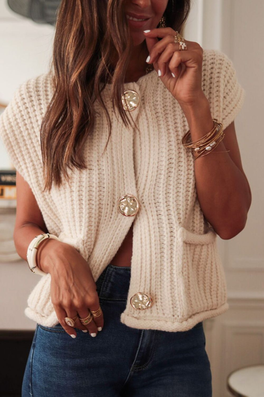 Button Down Sweater Vest with Pockets 