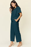 Double Take Full Size Texture Half Zip Short Sleeve Top and Pants Set 