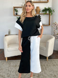 Double Take Full Size Texture Contrast T-Shirt and Wide Leg Pants Set 