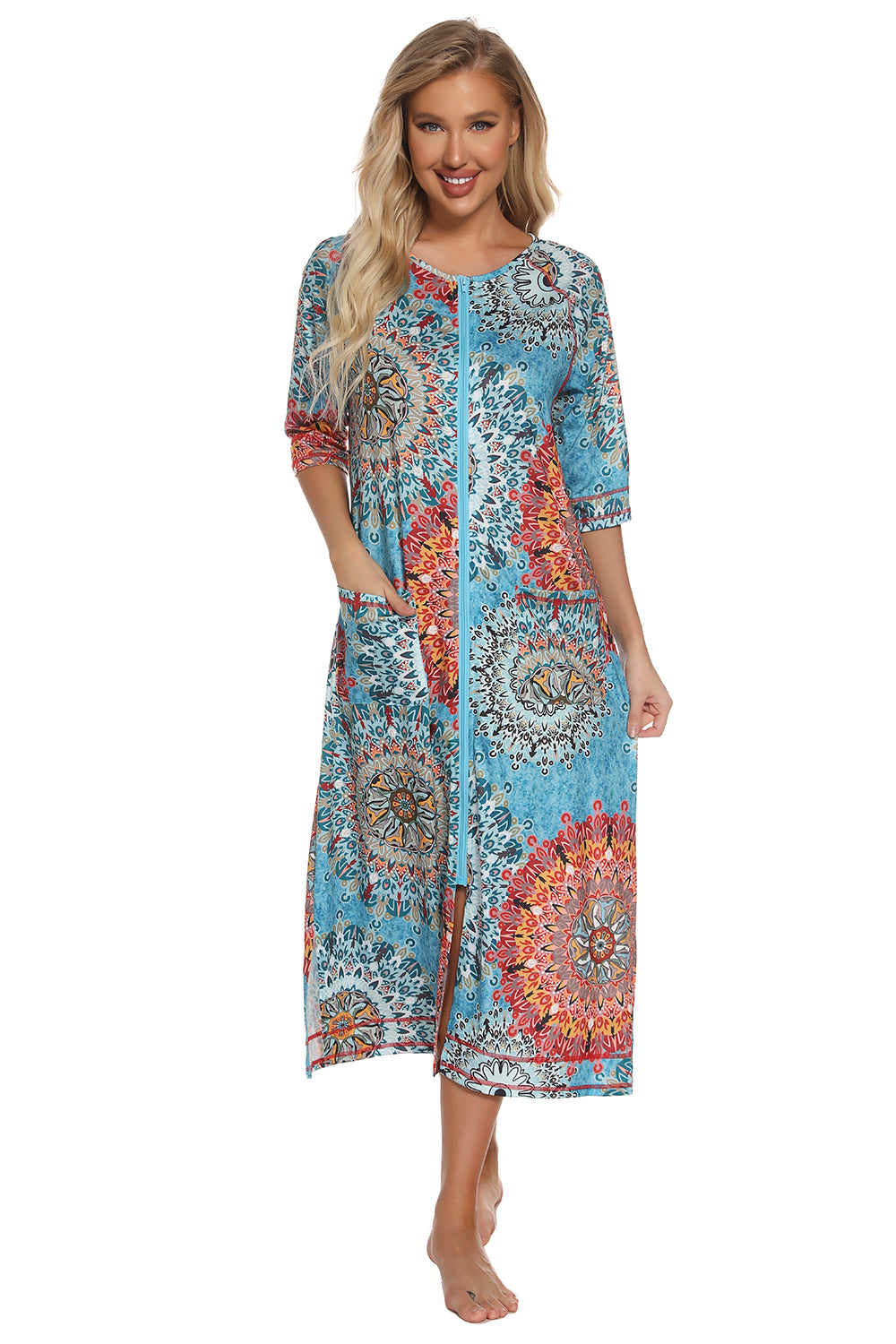 Printed Slit Night Dress with Pockets 