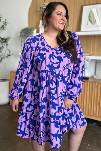 Double Take Full Size Printed Ruffle Hem Dress with Pocket 
