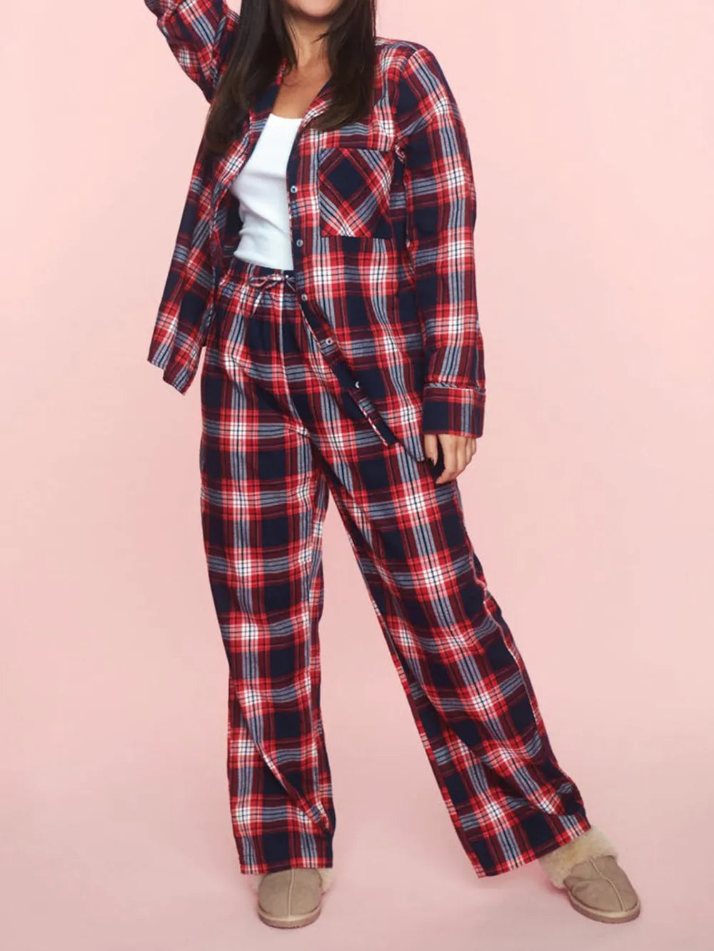 Plaid Collared Neck Button Up Top and Pants Lounge Set Lingerie & Nightwear