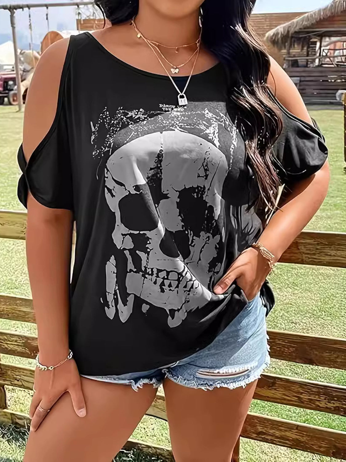 Plus Size Skeleton Graphic Round Neck Cold Shoulder T-Shirt 