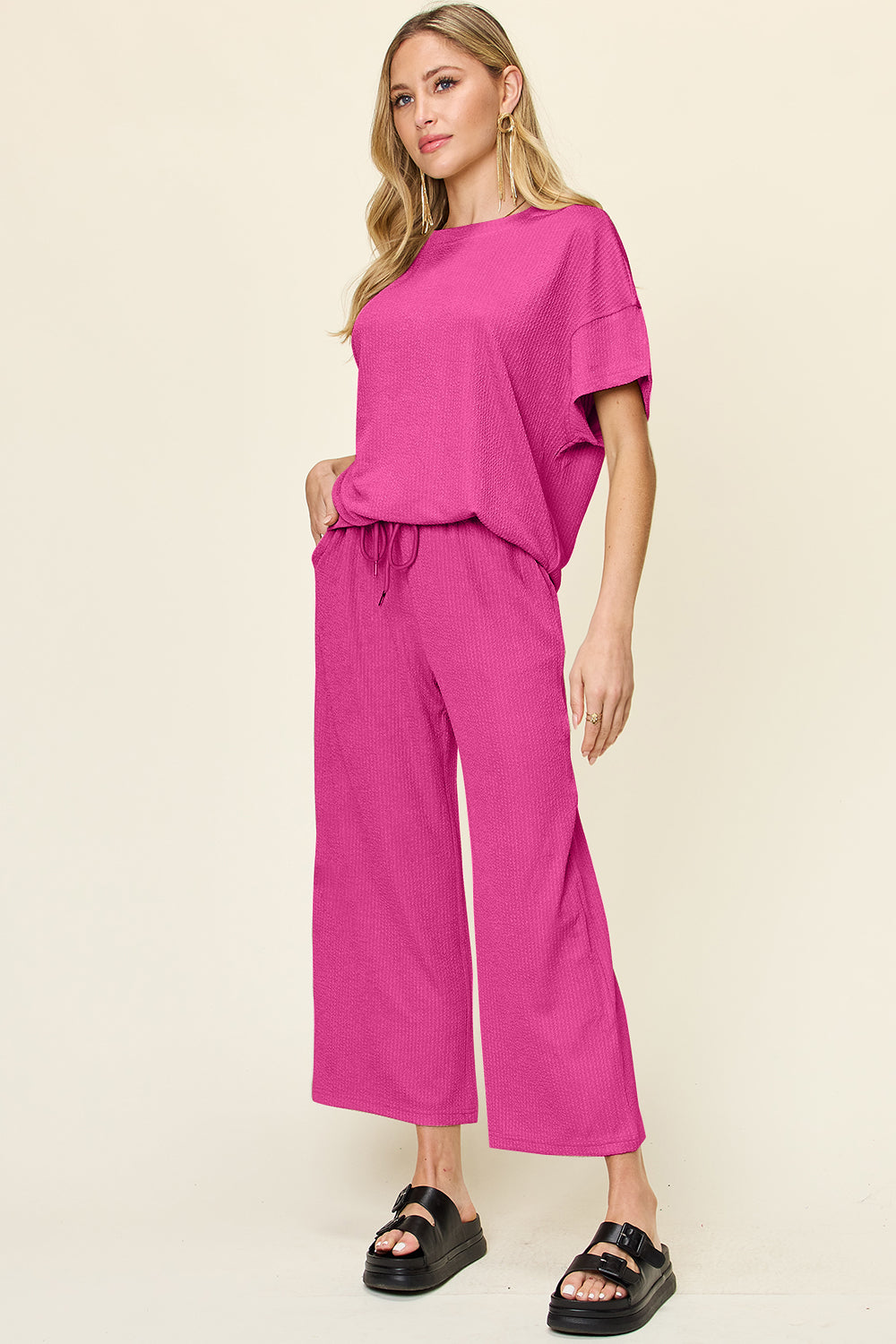 Double Take Full Size Texture Round Neck Short Sleeve T-Shirt and Wide Leg Pants 