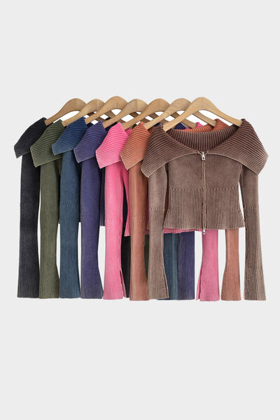 Double Take Ribbed Off-Shoulder Zip Up Long Sleeve Cardigan 