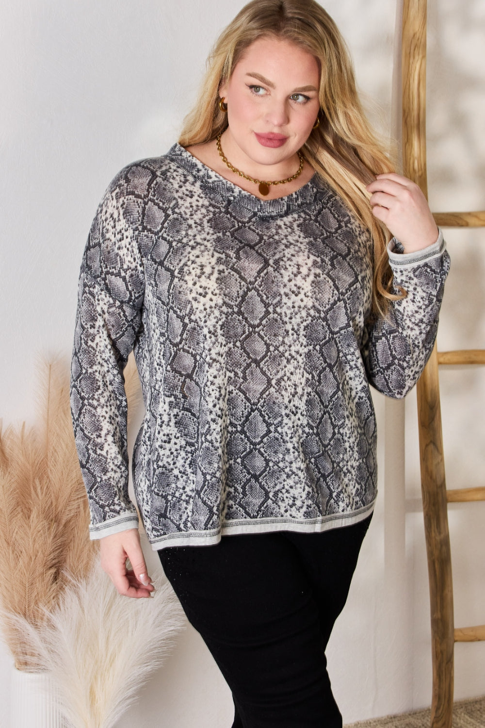 Hailey & Co Full Size Snakeskin V-Neck Long Sleeve Top 