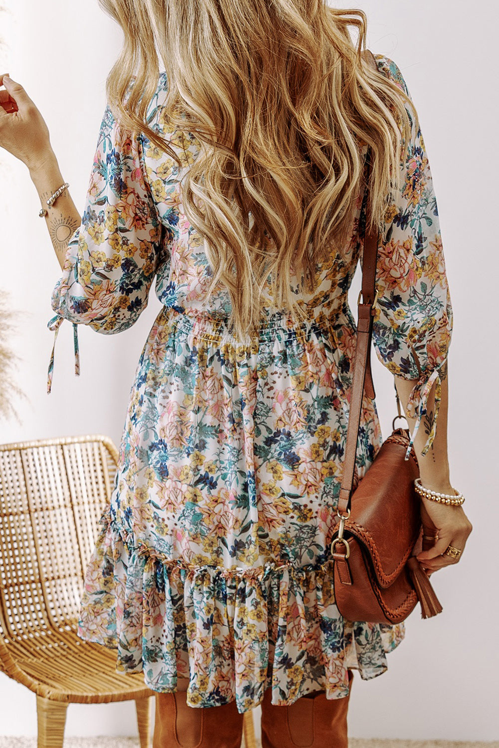 Sky Blue Floral 3/4 Sleeve V Neck High Waist Ruffled Dress Dresses/Floral Dresses