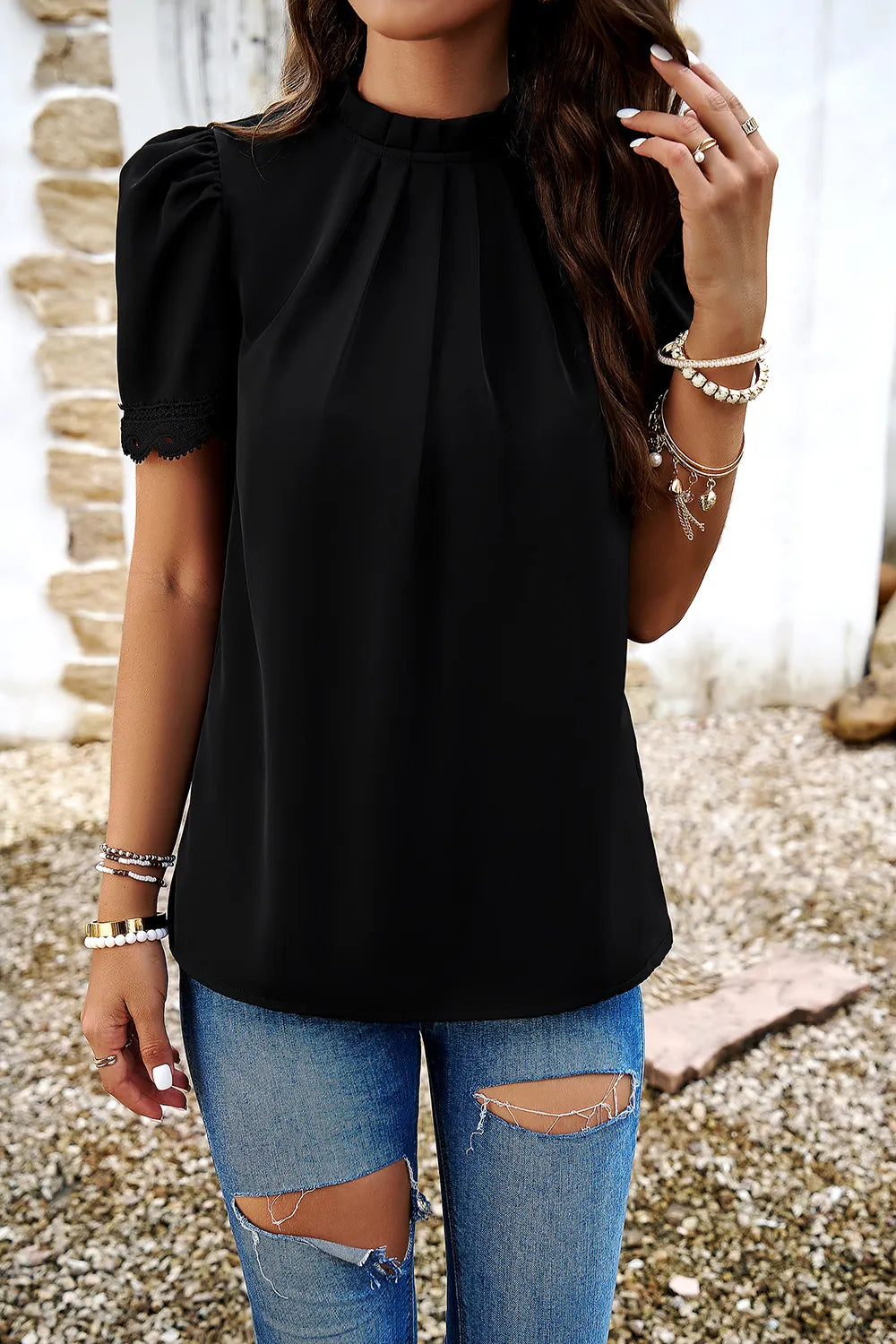Devine Ruched Mock Neck Short Sleeve Blouse 
