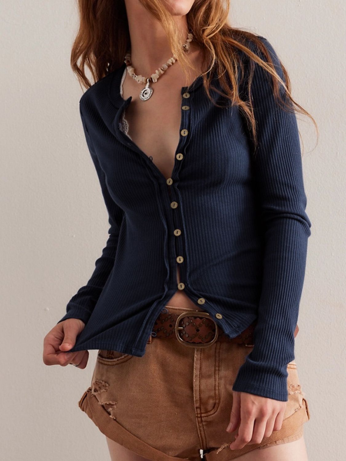 Ribbed Round Neck Long Sleeve Top 