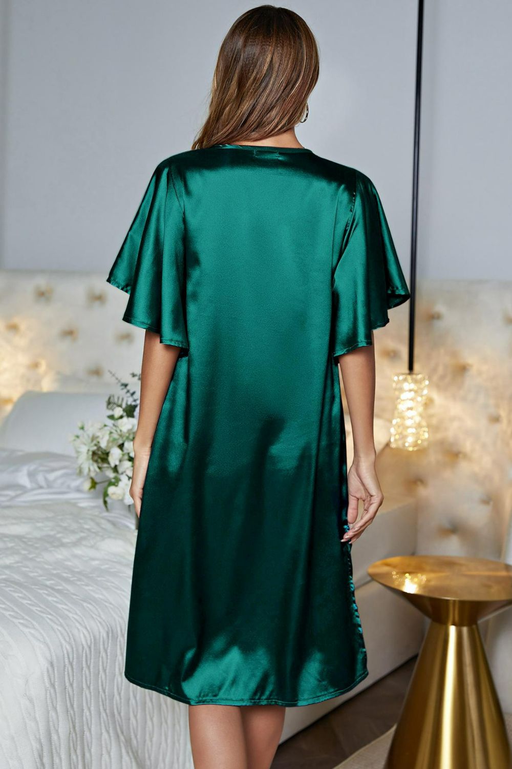 Satin Flutter Sleeve Side Slit V-Neck Night Dress 