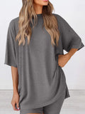 Full Size Oversized Slit Round Neck Top and Shorts Lounge Set Plus Size Lingerie & Nightwear