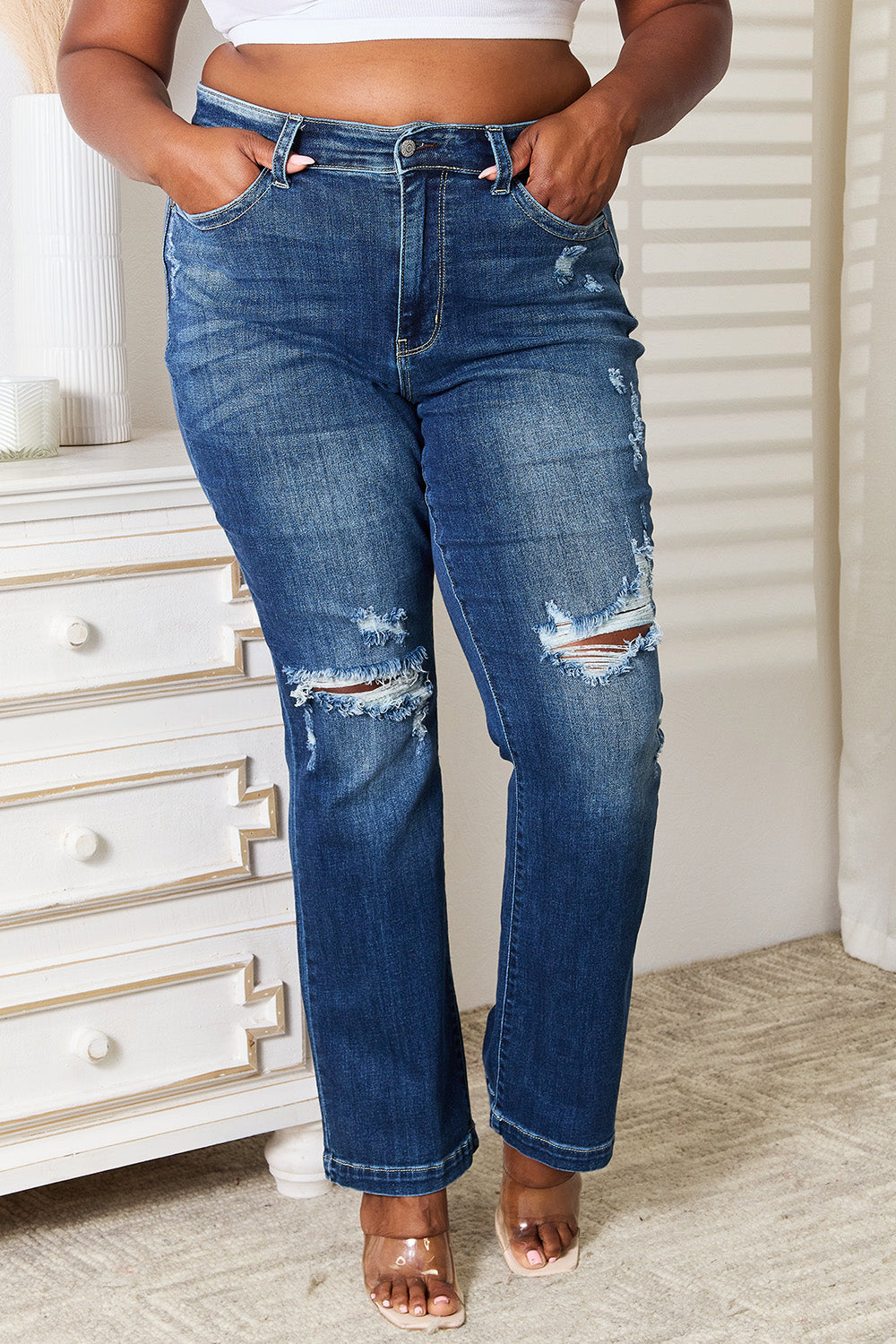 Judy Blue Full Size Mid Rise Hand Sand & Destroy Bootcut Jeans 
