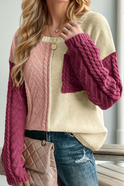Double Take Full Size Color Block Drop Shoulder Sweater 