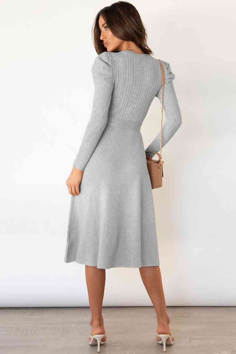 Round Neck Long Sleeve Tie Waist Sweater Dress Dresses