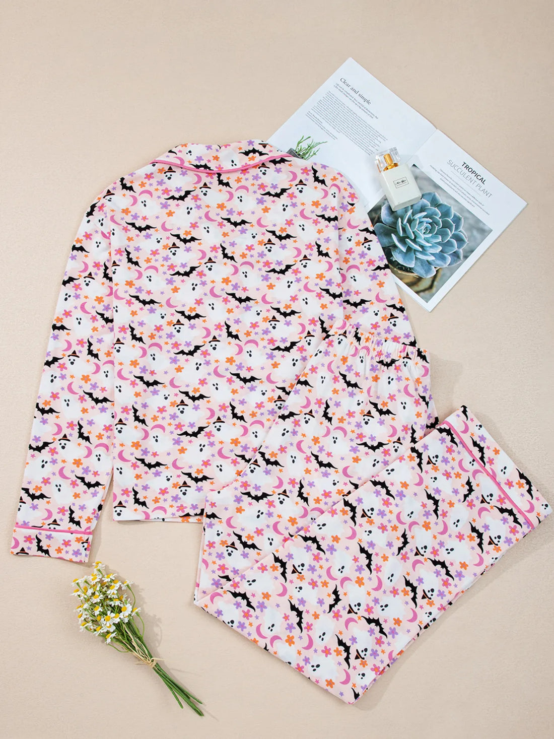 Halloween Ghost Print Button Up Top and Pants Lounge Set Lingerie & Nightwear