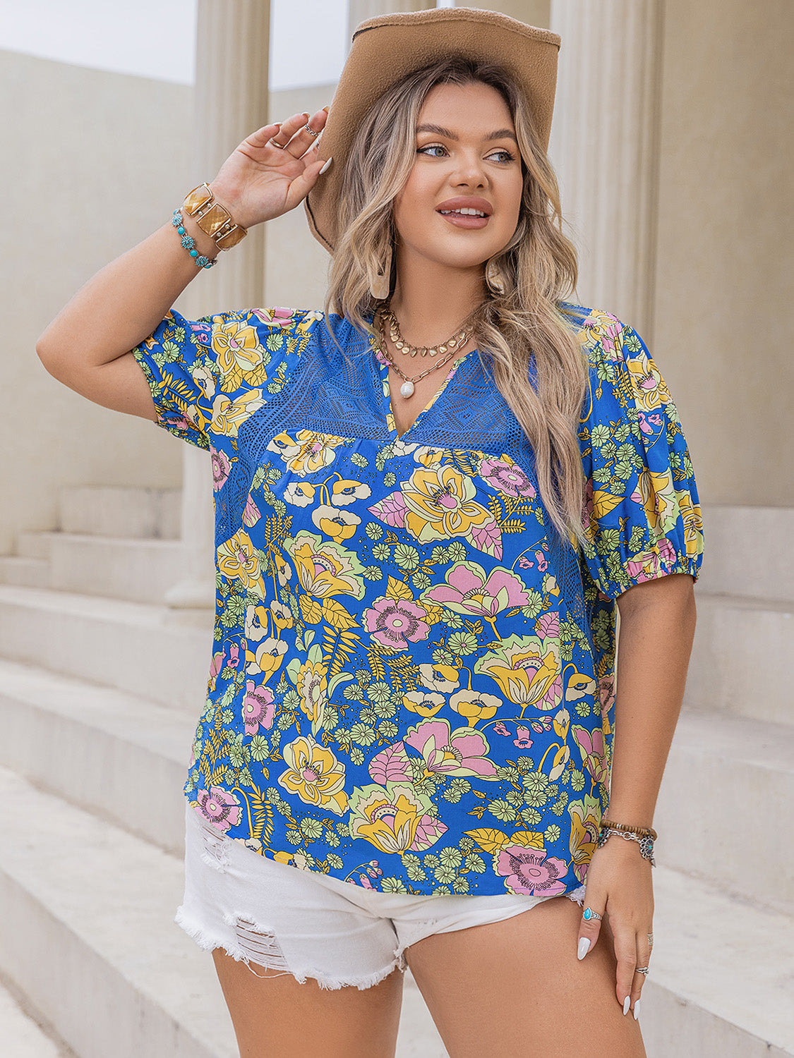 Plus Size Printed Notched Short Sleeve Blouse 
