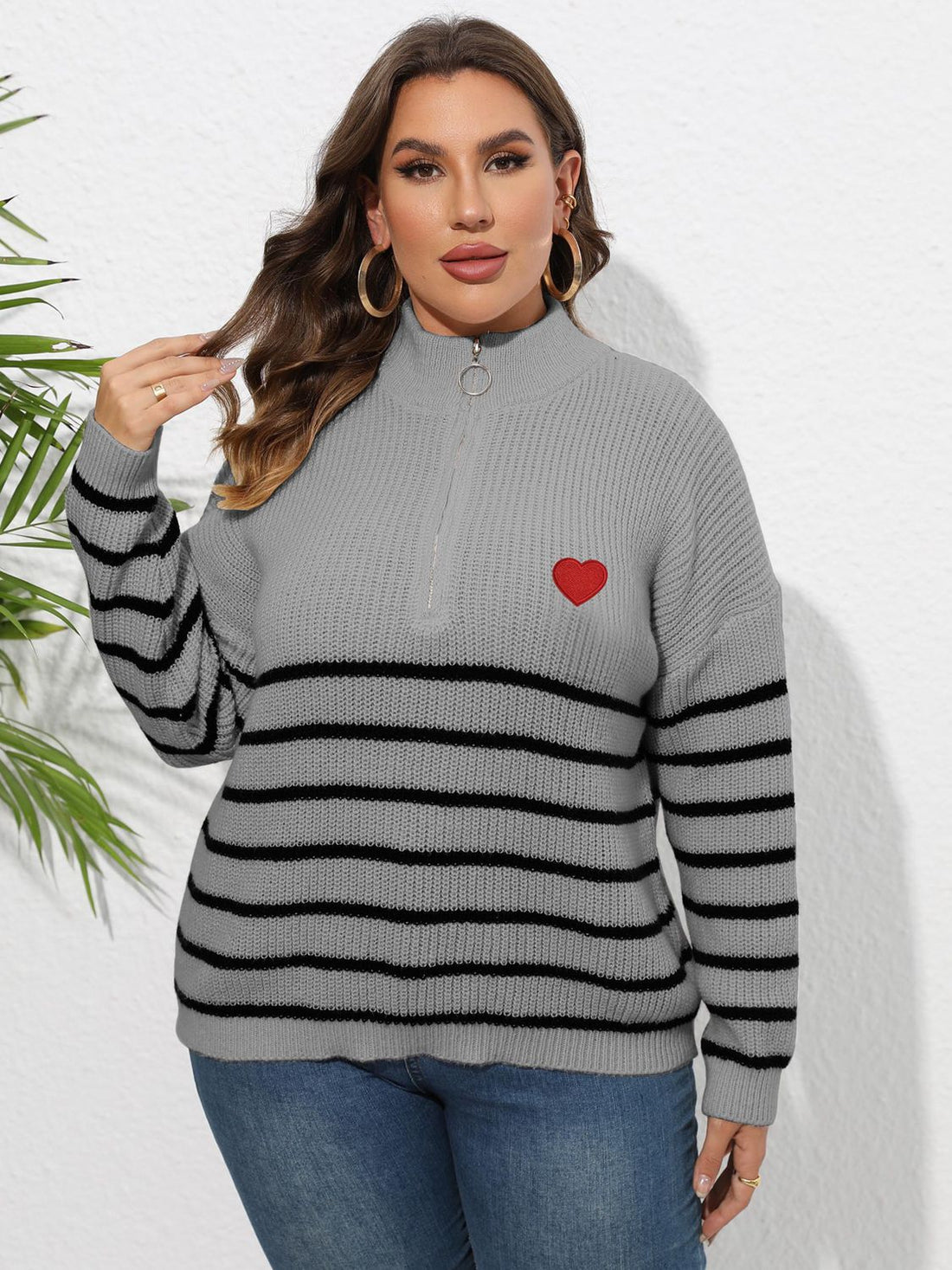 Plus Size Zip-Up Striped Sweater 
