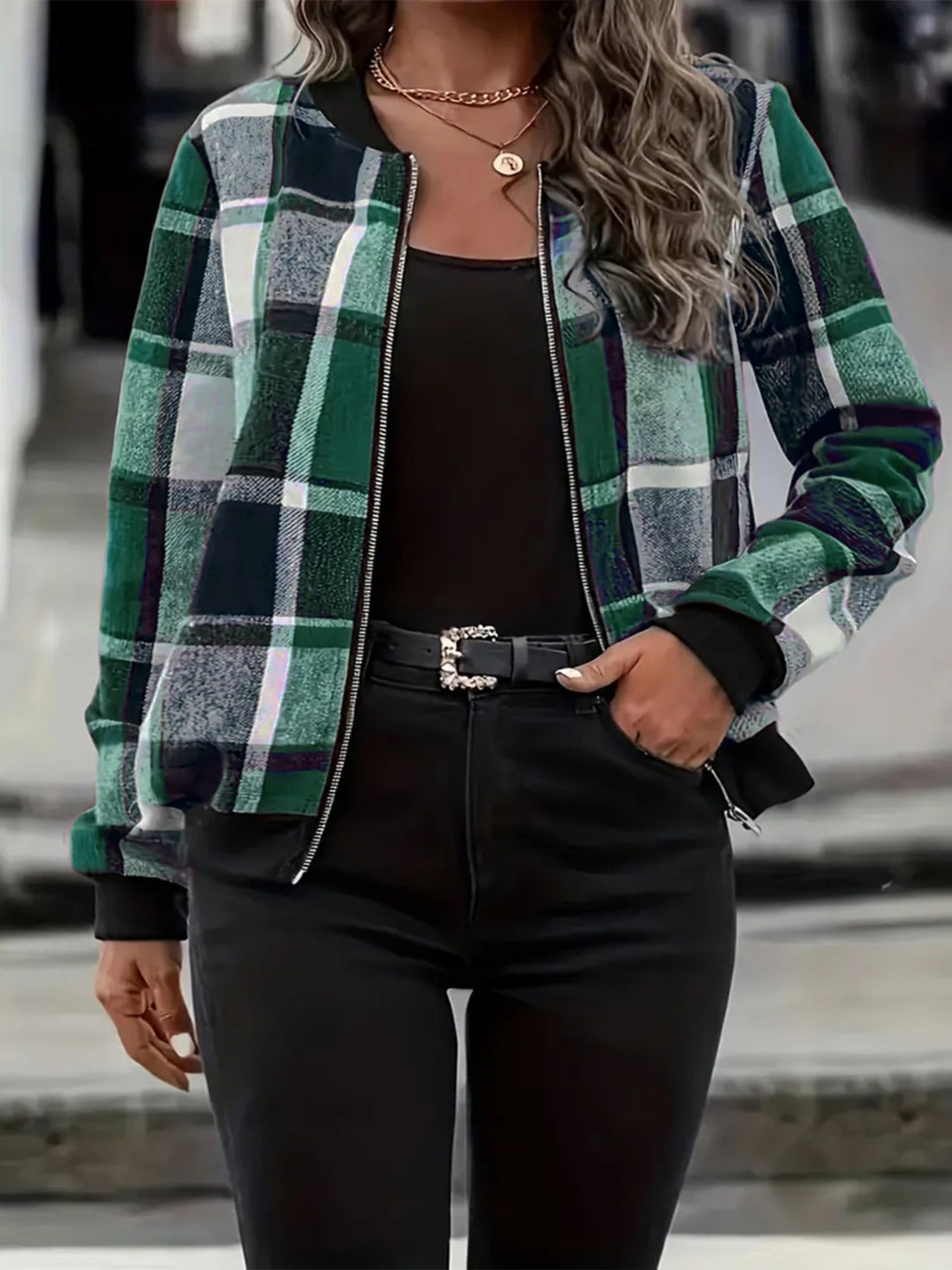 Plus Size Plaid Baseball Collar Zip Up Jacket 