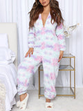 Printed Zip Up Long Sleeve Hooded Lounge Jumpsuit 