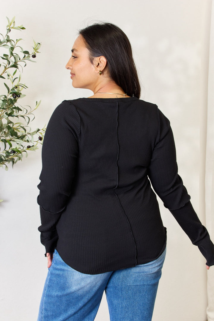 Culture Code Full Size Ribbed Round Neck Long Sleeve Top 