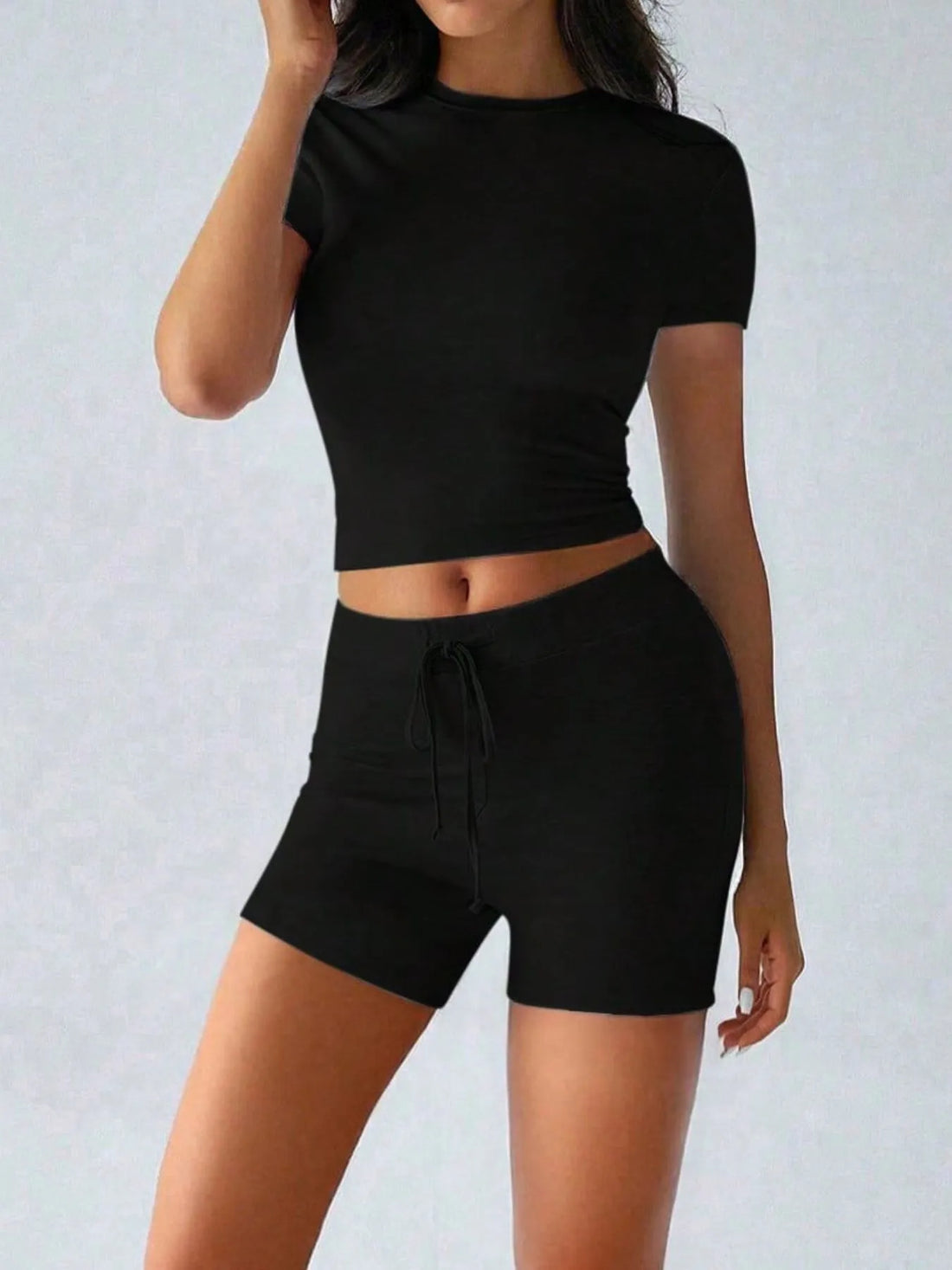 Round Neck Short Sleeve Top and Shorts Set 