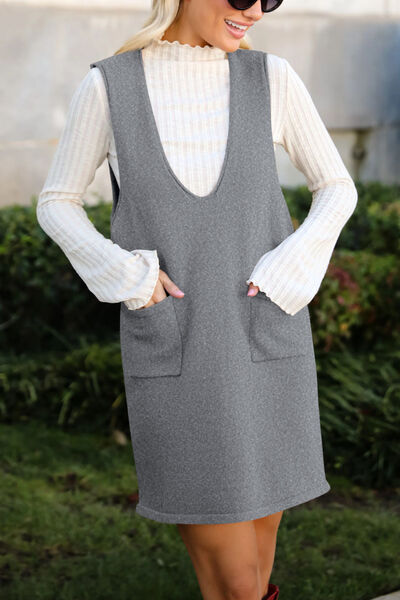 Lovelet Pocketed V-Neck Mini Sweater Overall Dress Dresses