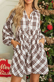 Full Size Plaid Collared Neck Balloon Sleeve Mini Shirt Dress 