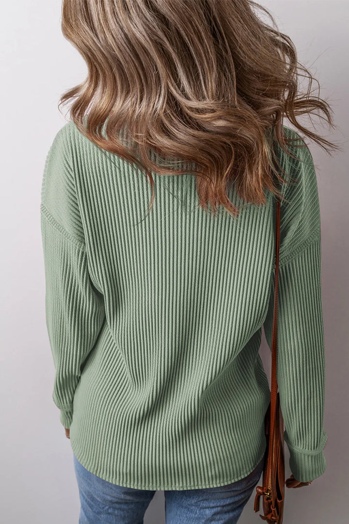 Plus Size Pocketed Ribbed Round Neck Long Sleeve Top 
