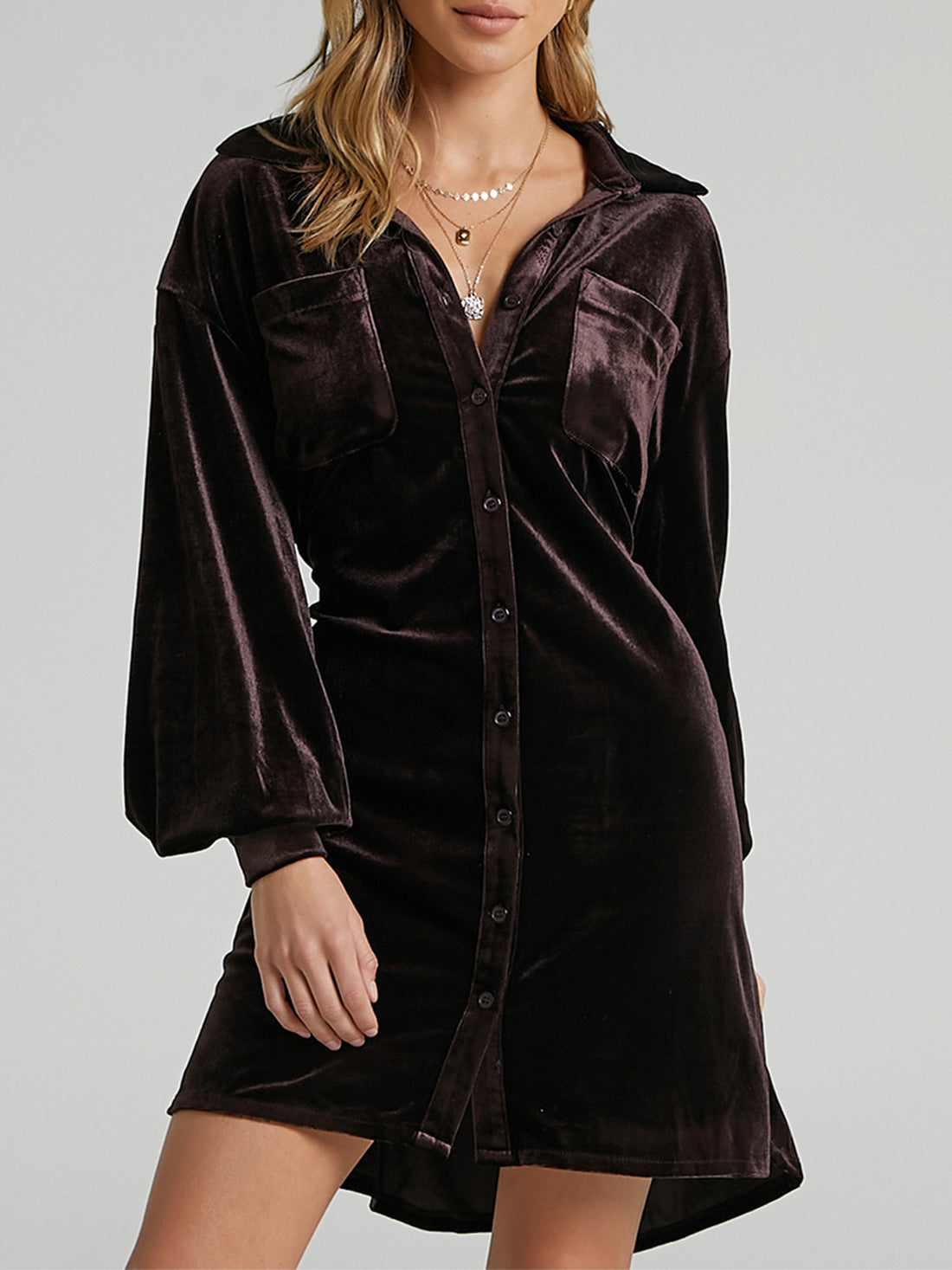 Collared Neck Button Down Long Sleeve Mini Dress 