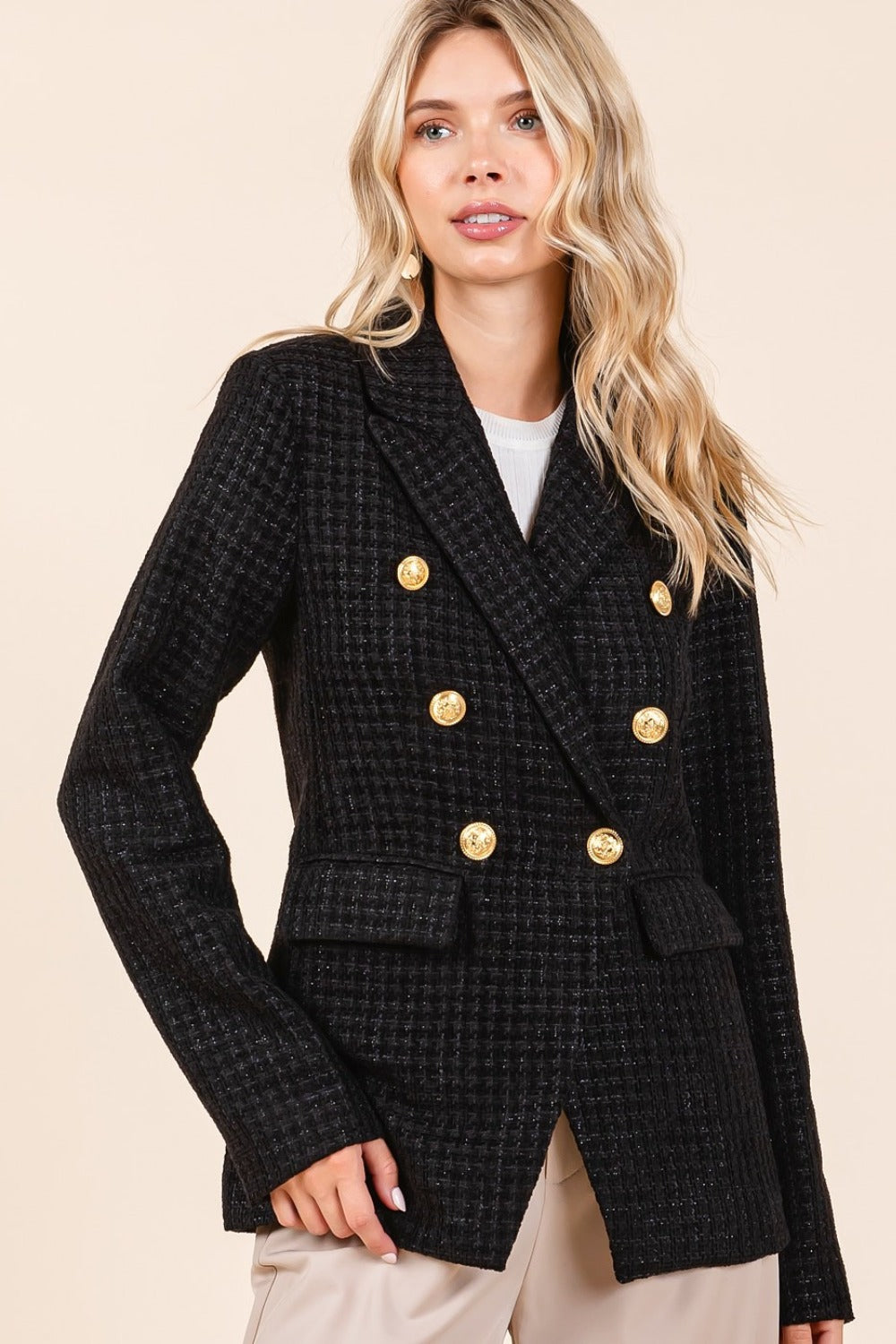 Mittoshop Plaid Texture Double-Breasted Long Sleeve Blazer 