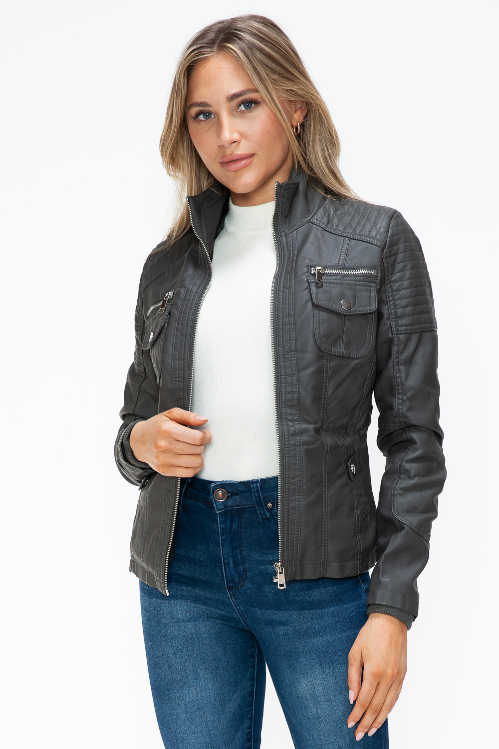 YMI Removable Faux Layered Multi-Pocket Jacket with Fuzzy Hood 