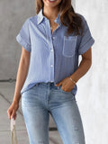 Full Size Striped Button-Up Casual Shirt with Pocket Plus Size