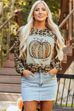 Pumpkin Graphic Leopard Round Neck Long Sleeve Sweatshirt 
