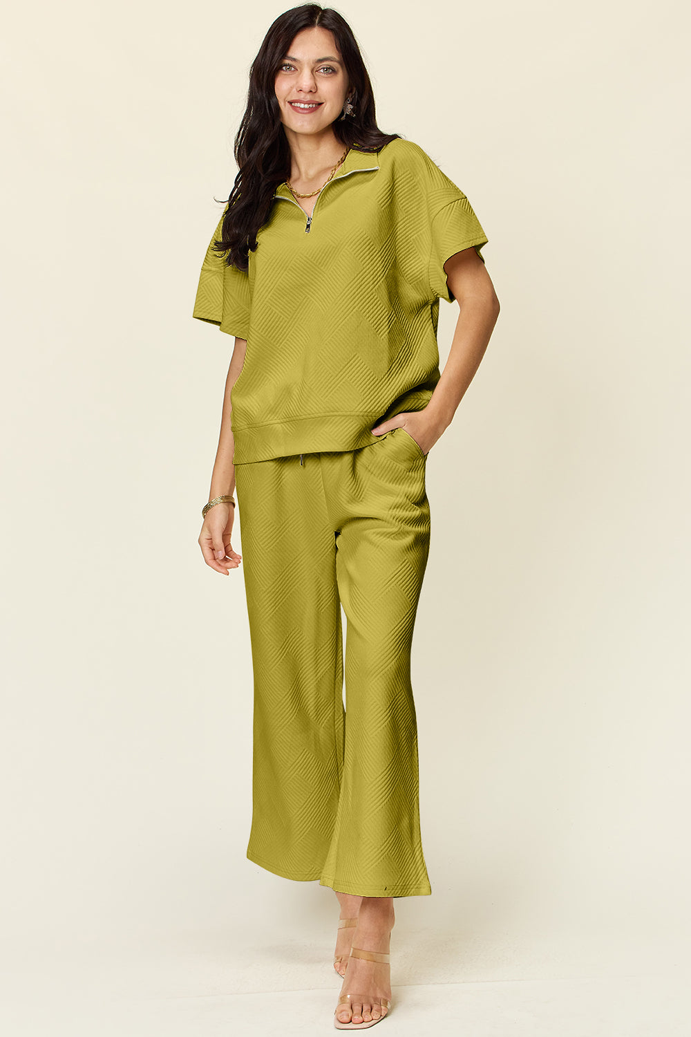 Double Take Full Size Texture Half Zip Short Sleeve Top and Pants Set 
