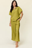 Double Take Full Size Texture Half Zip Short Sleeve Top and Pants Set 