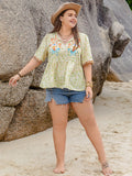 Plus Size Printed Tie Neck Half Sleeve Blouse 