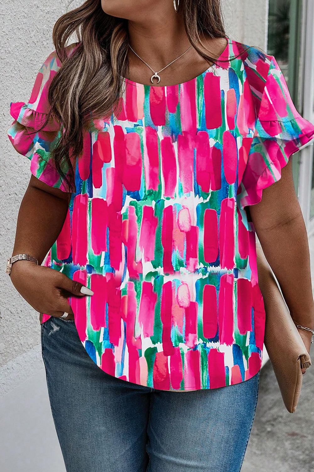 Plus Size Printed Round Neck Petal Sleeve Blouse 