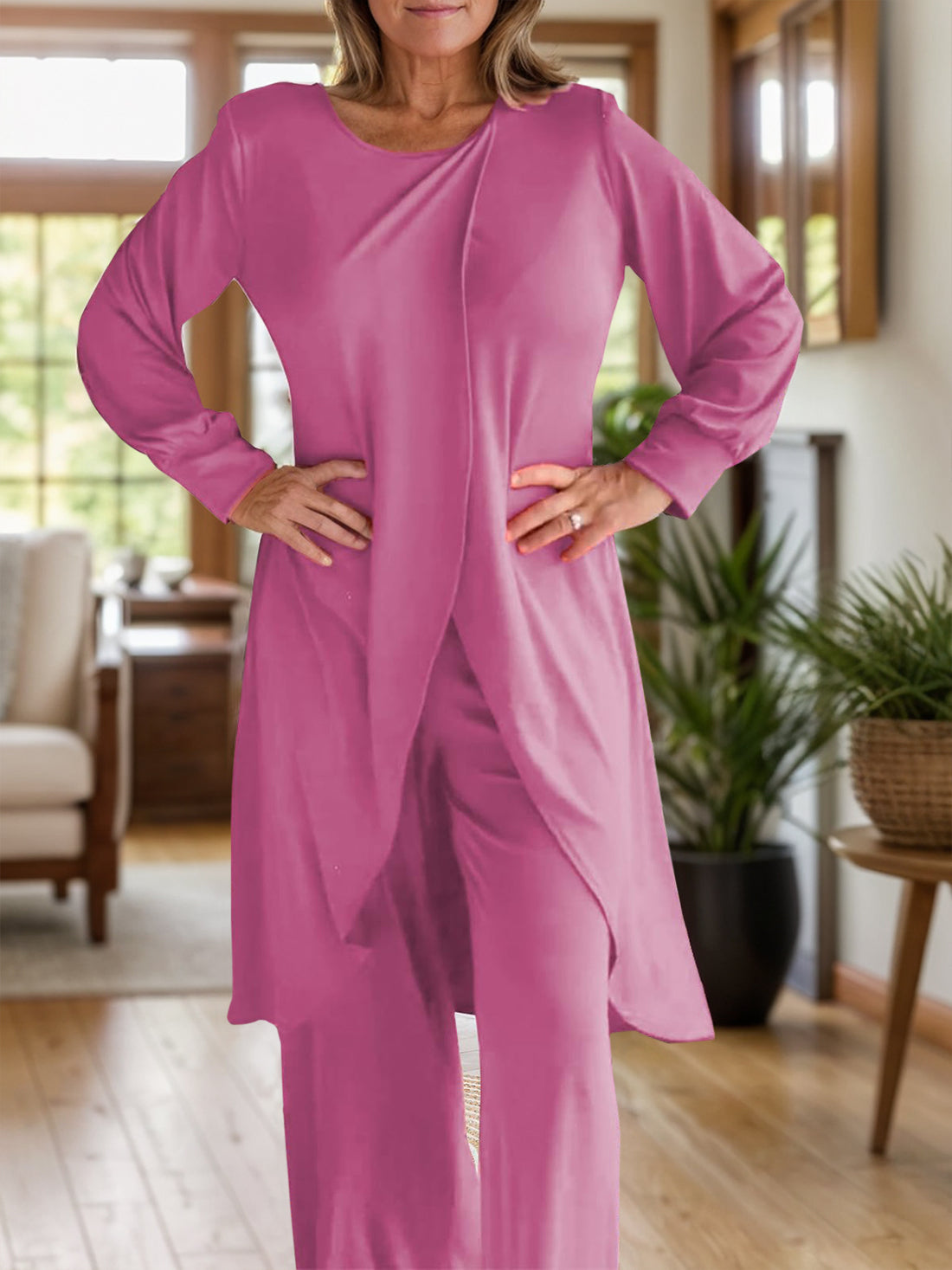 Full Size Slit Round Neck Long Sleeve Top and Pants Set 