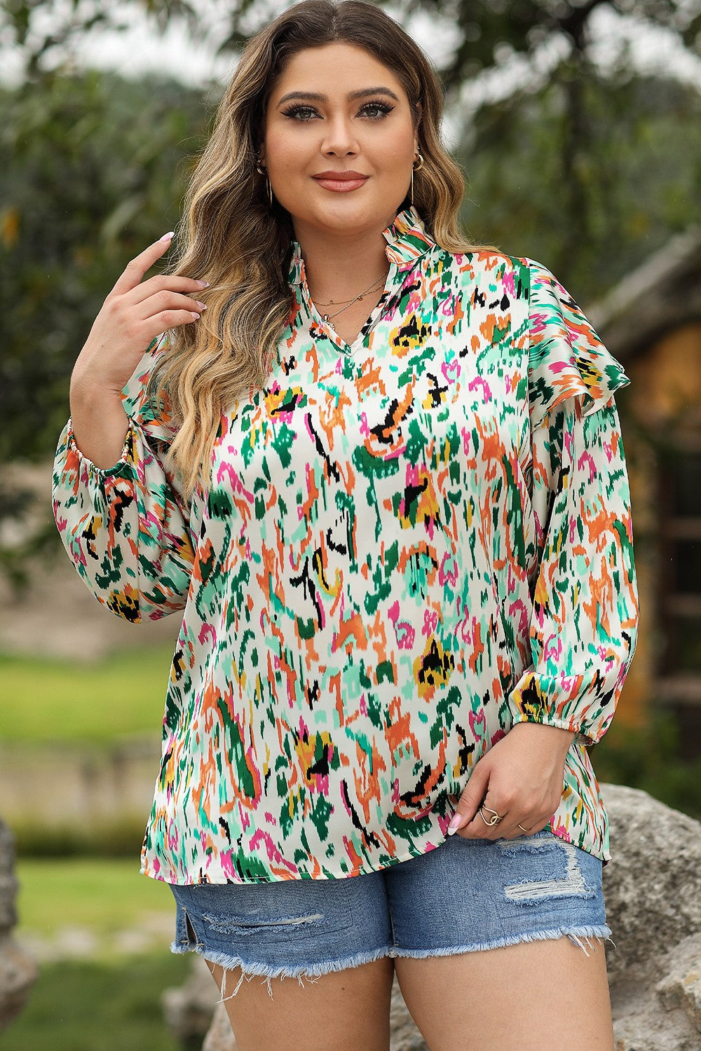 Plus Size Printed Ruffle Trim Long Sleeve Blouse 