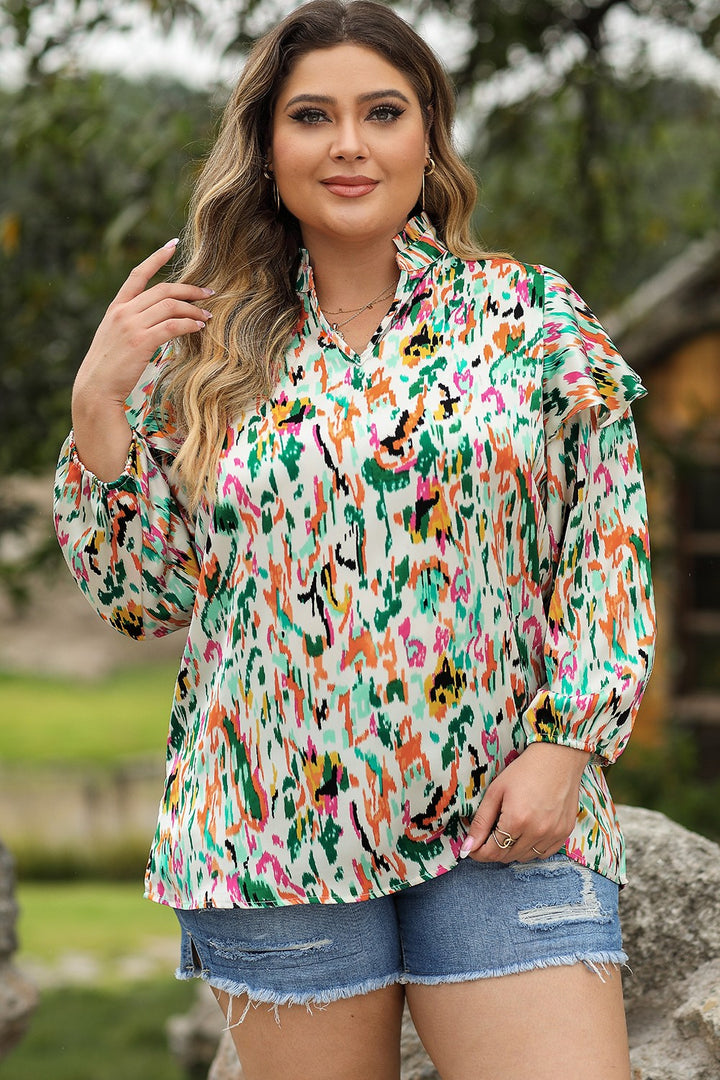 Plus Size Printed Ruffle Trim Long Sleeve Blouse 