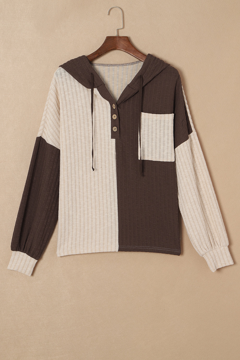 Color Block Quarter Button Long Sleeve Hoodie 
