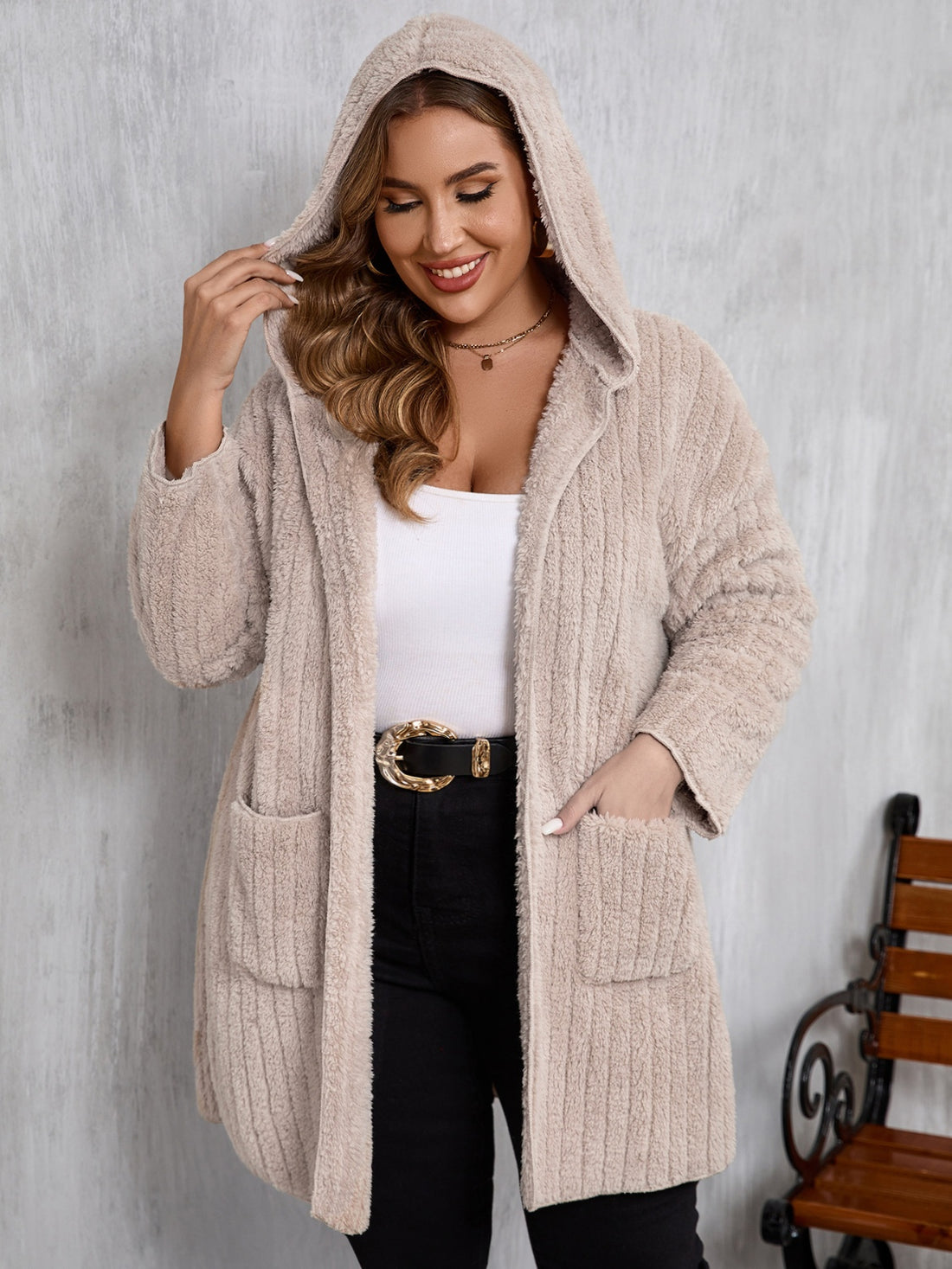 Plus Size Open Front Long Sleeve Hooded Fuzzy Jacket 
