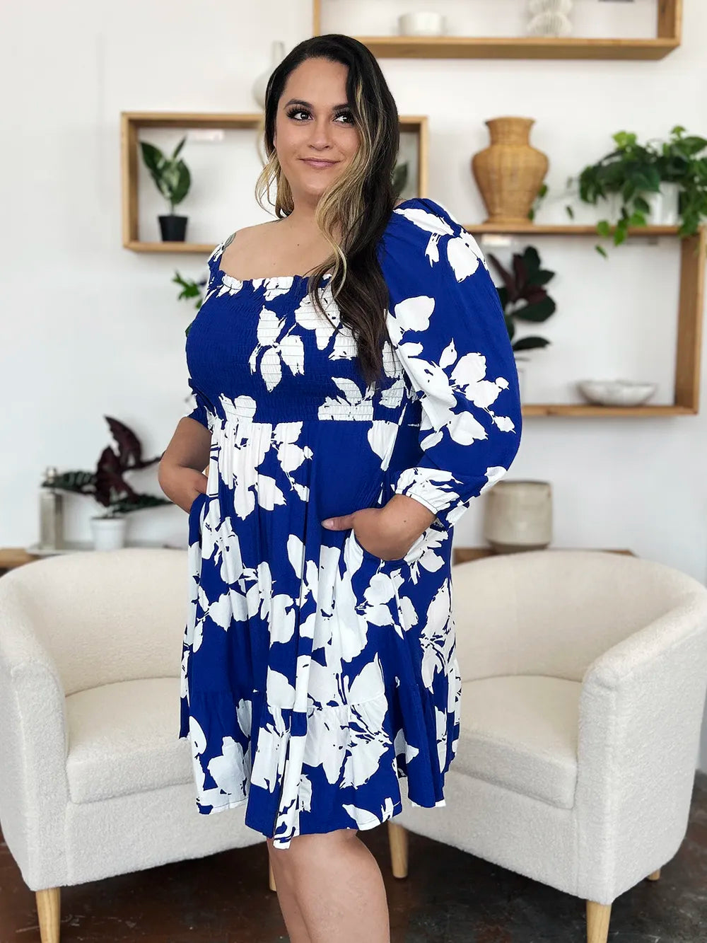 Double Take Full Size Floral Ruffle Hem Smocked Dress with Pockets 